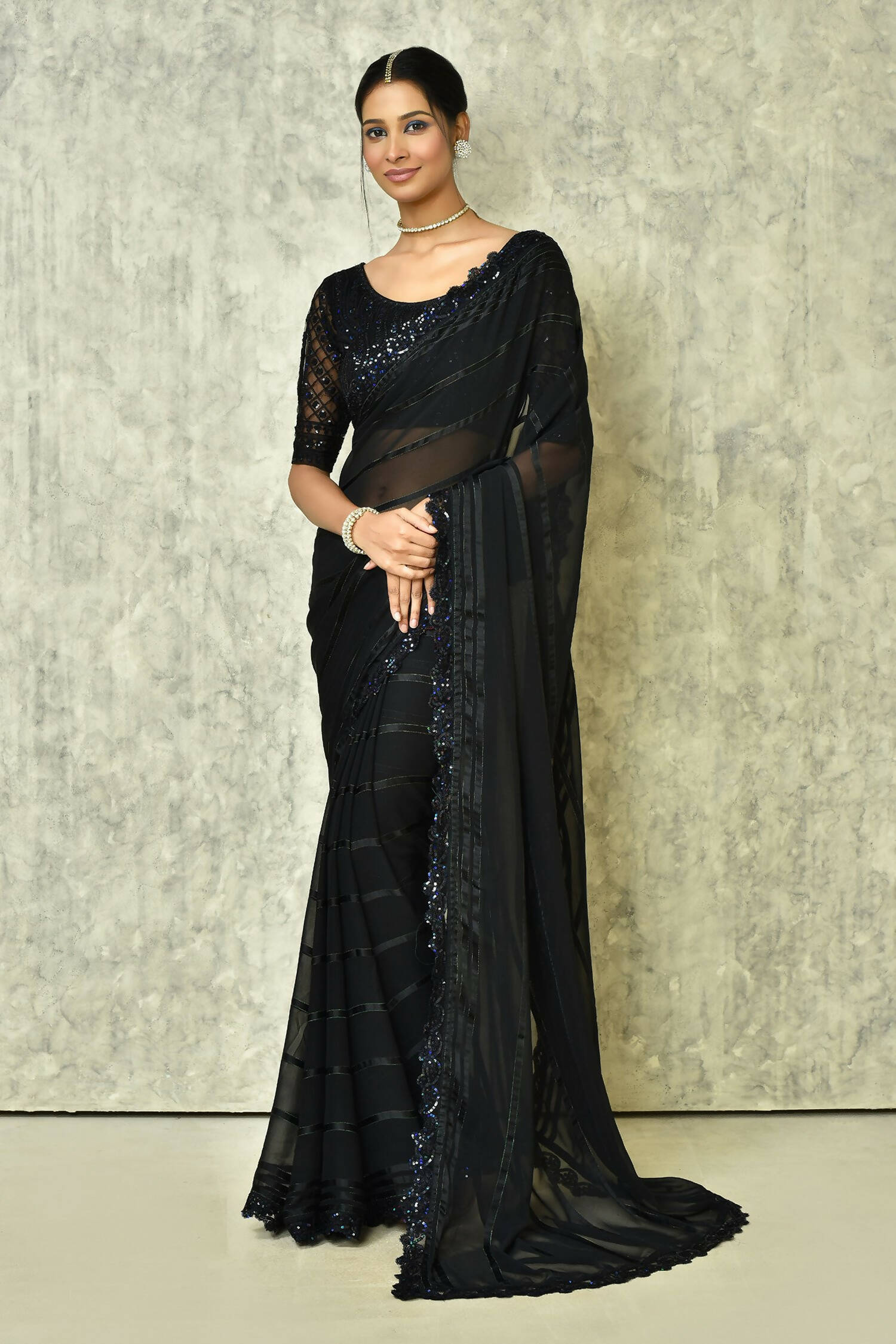 Black Silk Stripe Saree With Blouse Piece - Purvi