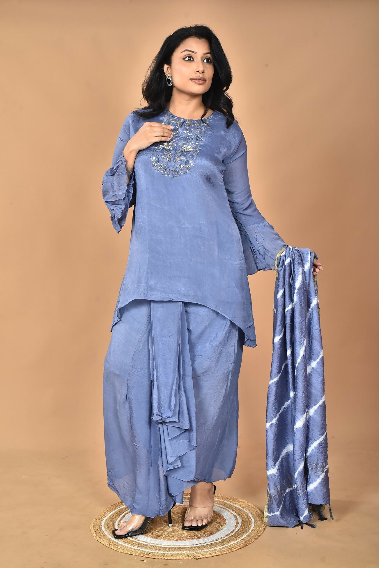 Morchari Women And Hand Embroidery Palazzo Set-Grey