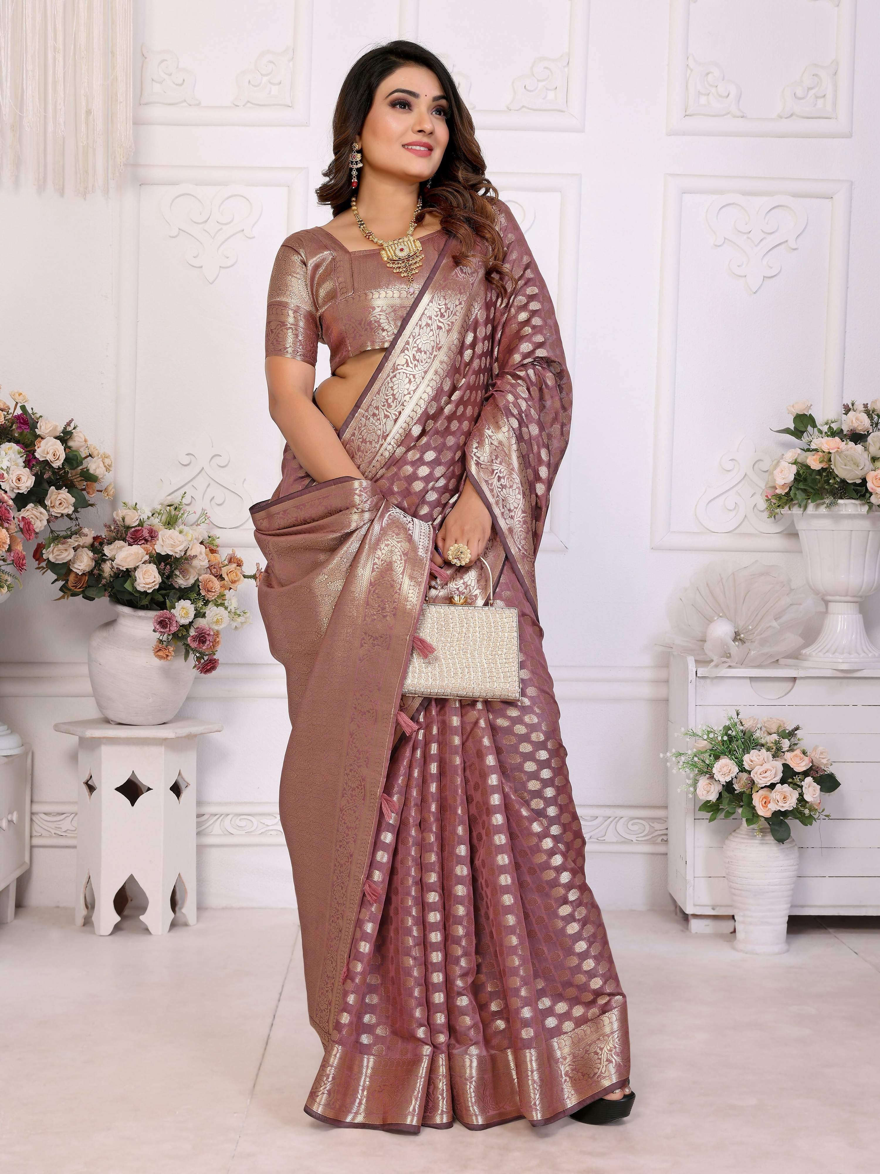 Aastha Fashion Dusty Rose Organza Silk Weaving Saree - Distacart