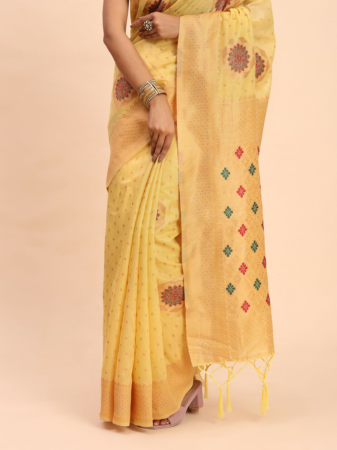 Shree Shyam Fashion Linen Cotton Yellow Saree - Distacart