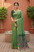 Vastranavya Pista Muga Cotton Meenakari & Azarakh Pallu Saree with Contrast Blouse - Distacart