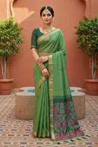 Vastranavya Pista Muga Cotton Meenakari & Azarakh Pallu Saree with Contrast Blouse - Distacart