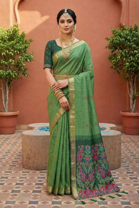 Vastranavya Pista Muga Cotton Meenakari & Azarakh Pallu Saree with Contrast Blouse