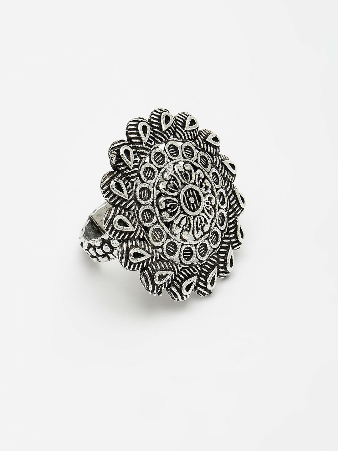 NVR Women's Silver-Toned Floral Shape Adjustable Finger Ring