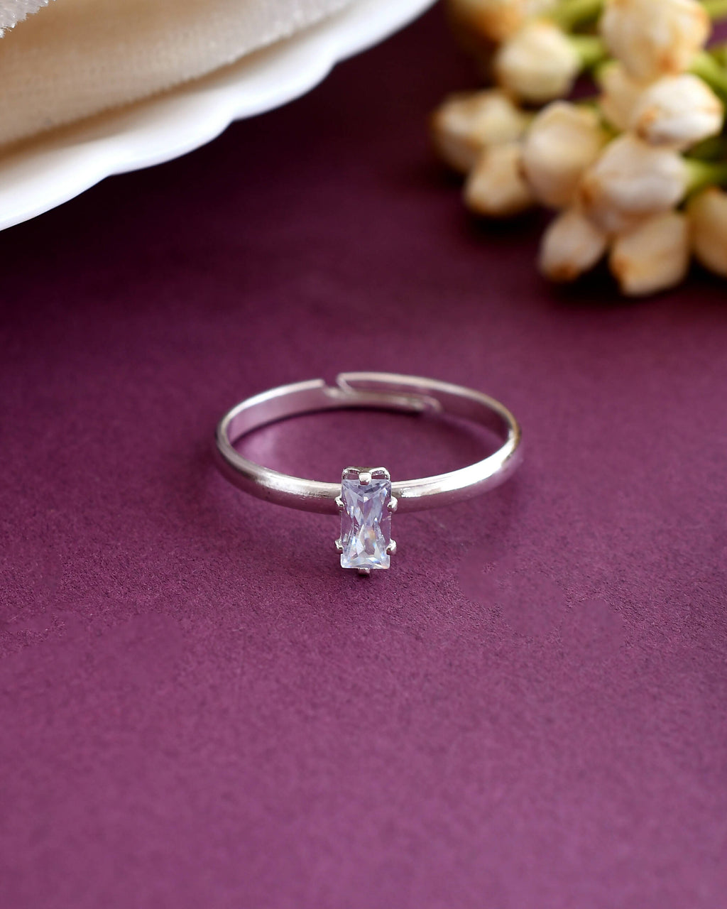 VOJ white CZ-detail Stainless Steel Cubic Zirconia Silver Plated adjustable finger Ring