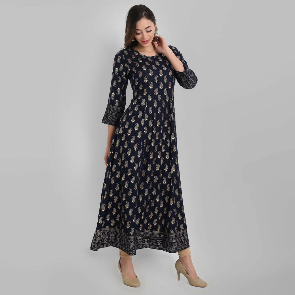 Juniper Women's Navy Rayon Printed Flared Dress - Distacart
