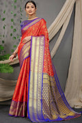 Jyoti Fashion Women's Red Kanjivaram Silk Zari Woven Saree with Blouse