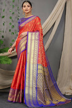 Jyoti Fashion Women's Red Kanjivaram Silk Zari Woven Saree with Blouse