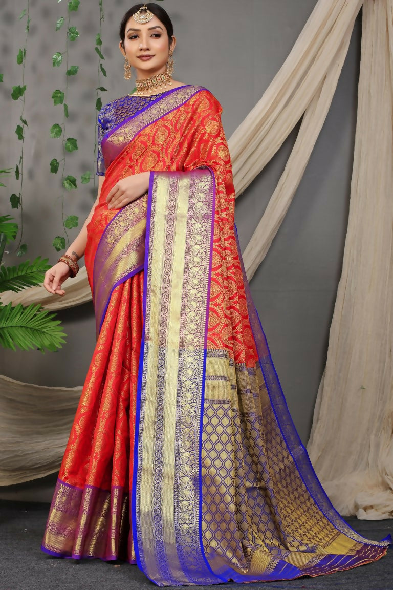 Jyoti Fashion Women's Red Kanjivaram Silk Zari Woven Saree with Blouse