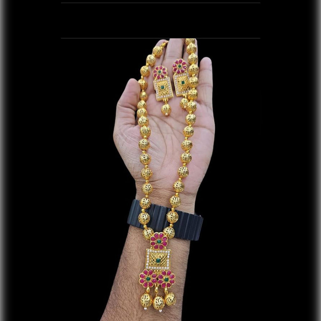 Jewel City Elegant Gold Beaded Necklace Set with Ruby and Emerald Pendant