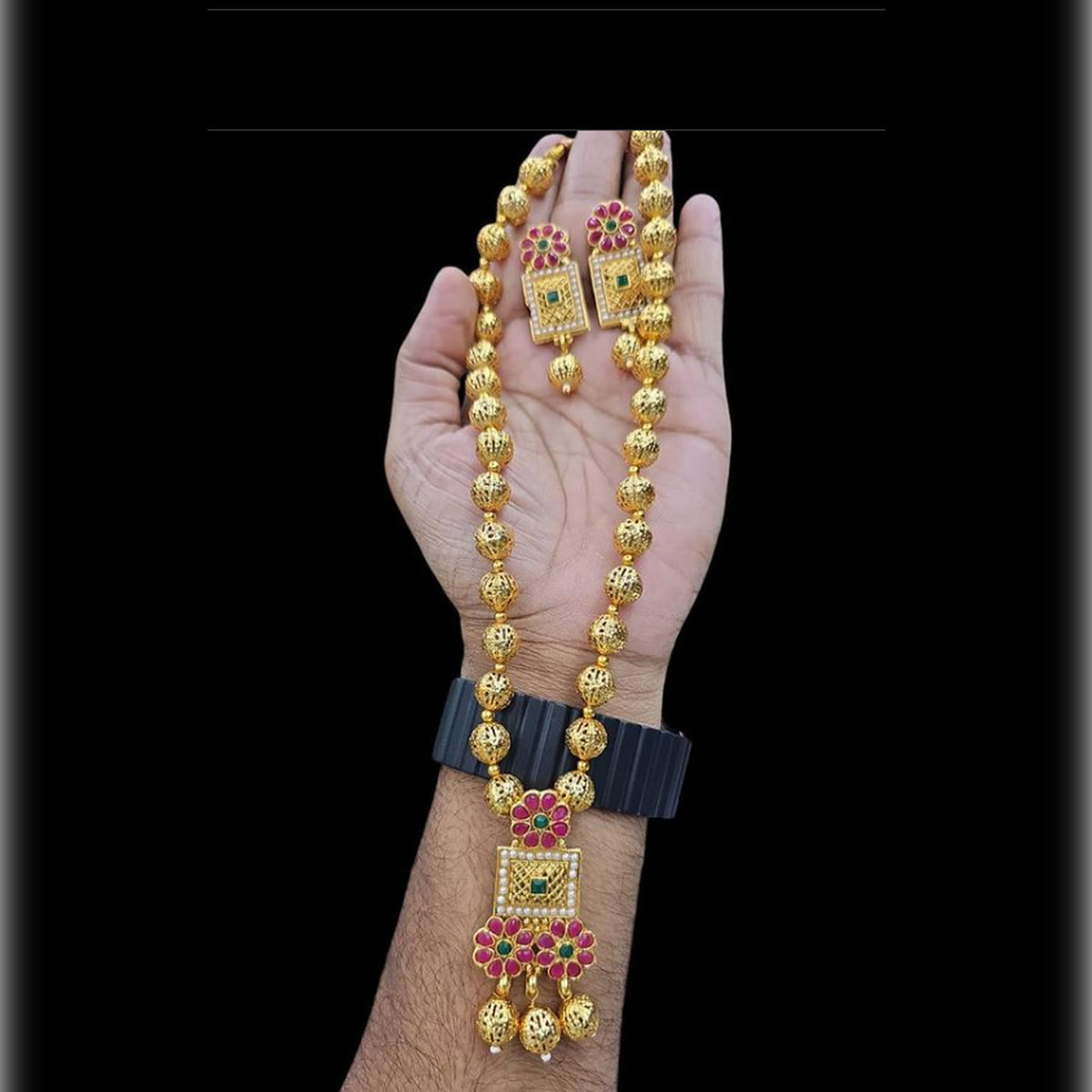 Jewel City Elegant Gold Beaded Necklace Set with Ruby and Emerald Pendant
