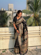 Black Pashmina Silk Wevon Kashmiri Meenakari Designer Saree with Unstitched Blouse - Vandini