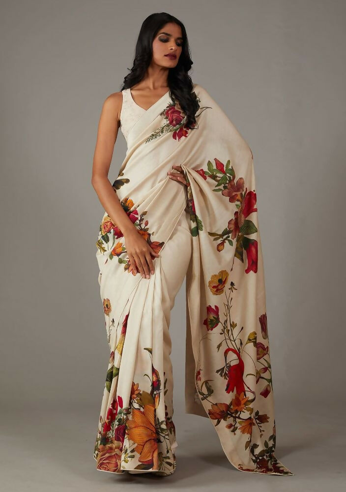 Off White Bright Moss Designer Digital Printed Party Wear Saree - Be Verly