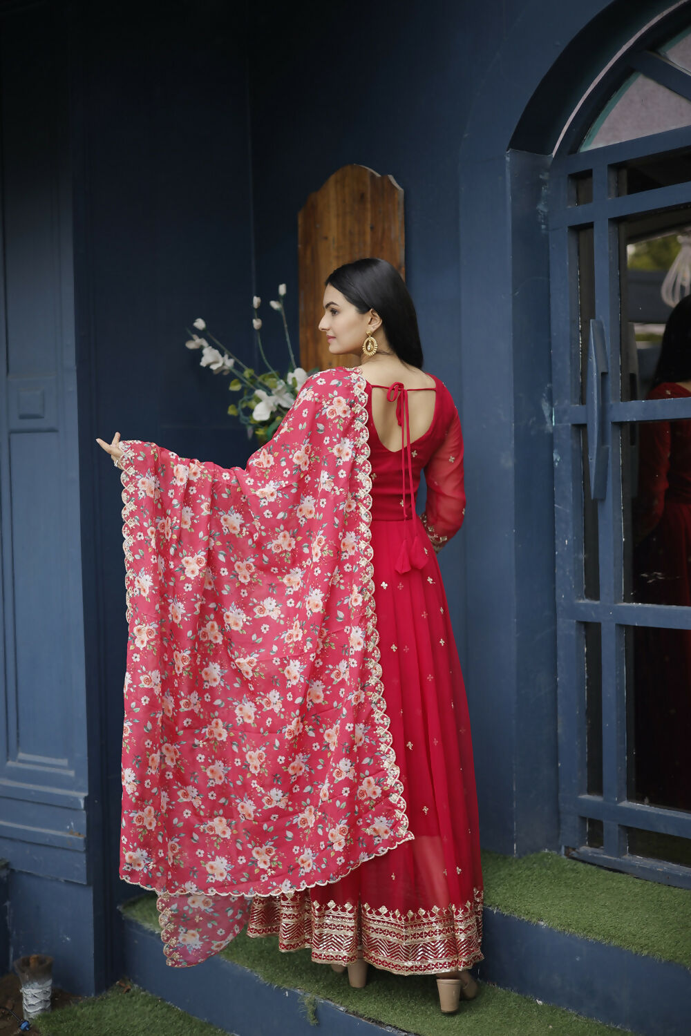 Aayaa Designer Embroidery Zari Sequins-Work Faux Blooming Georgette Suit - Red - Distacart