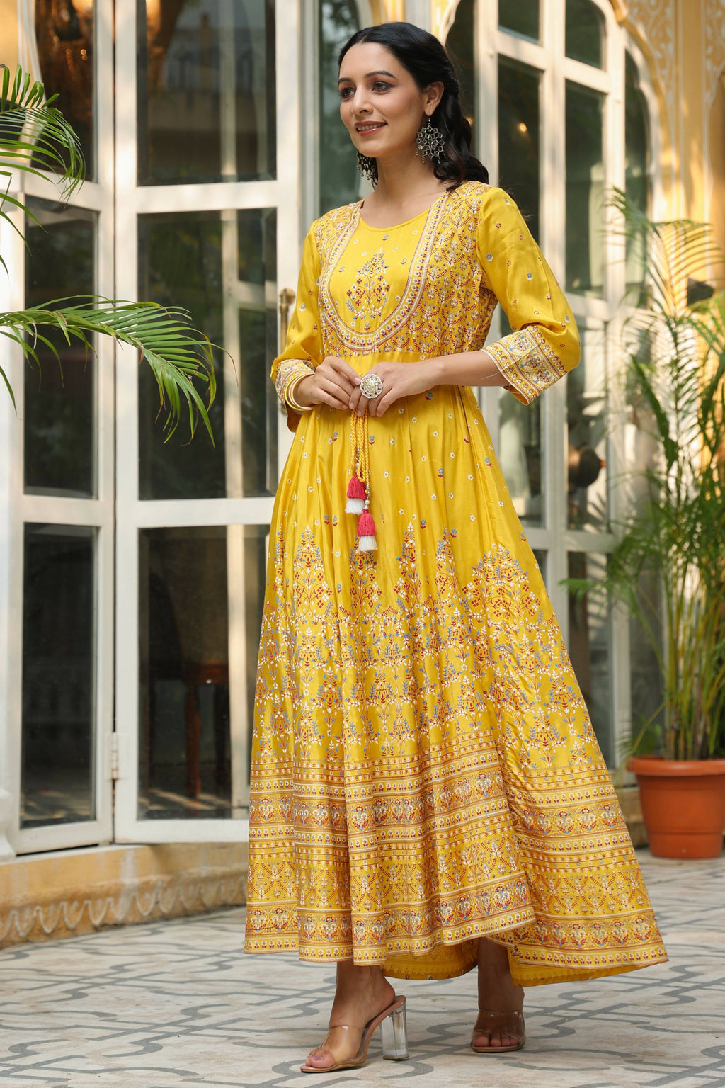Juniper Women's Mustard Viscose Shantoon Festive Printed Flared Dress - Distacart