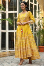 Juniper Women's Mustard Viscose Shantoon Festive Printed Flared Dress - Distacart