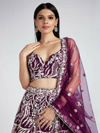 House of Panchhi Burgundy Net Sequins And Thread Embroidery Lehenga Choli & Dupatta