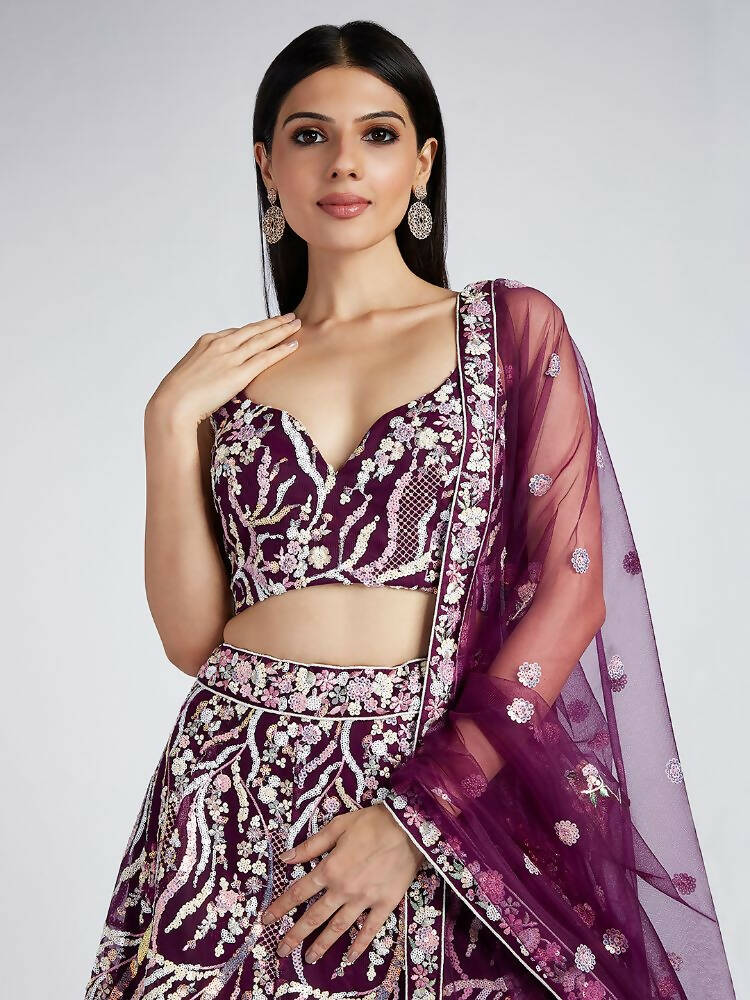 House of Panchhi Burgundy Net Sequins And Thread Embroidery Lehenga Choli & Dupatta