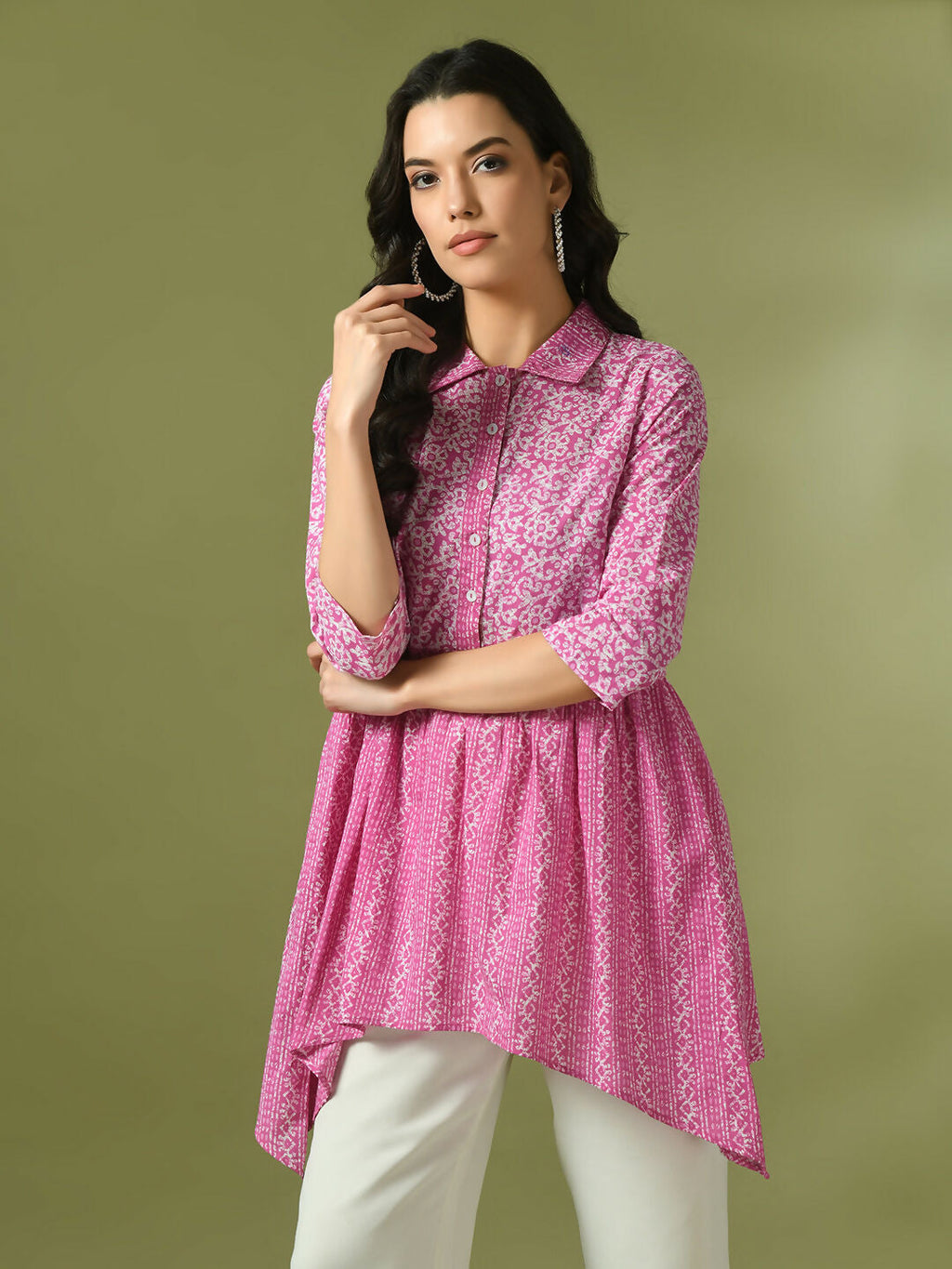 Myshka Women's Pink Embellished Cotton Gathered Party Empire Top