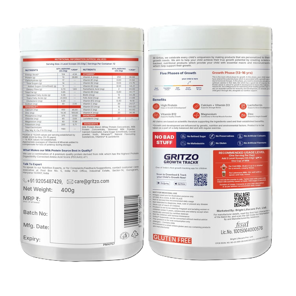 Gritzo SuperMilk Growth+ (Formerly Height+) (13+y Boys & Girls) 13g Protein Powder - Double Chocolate