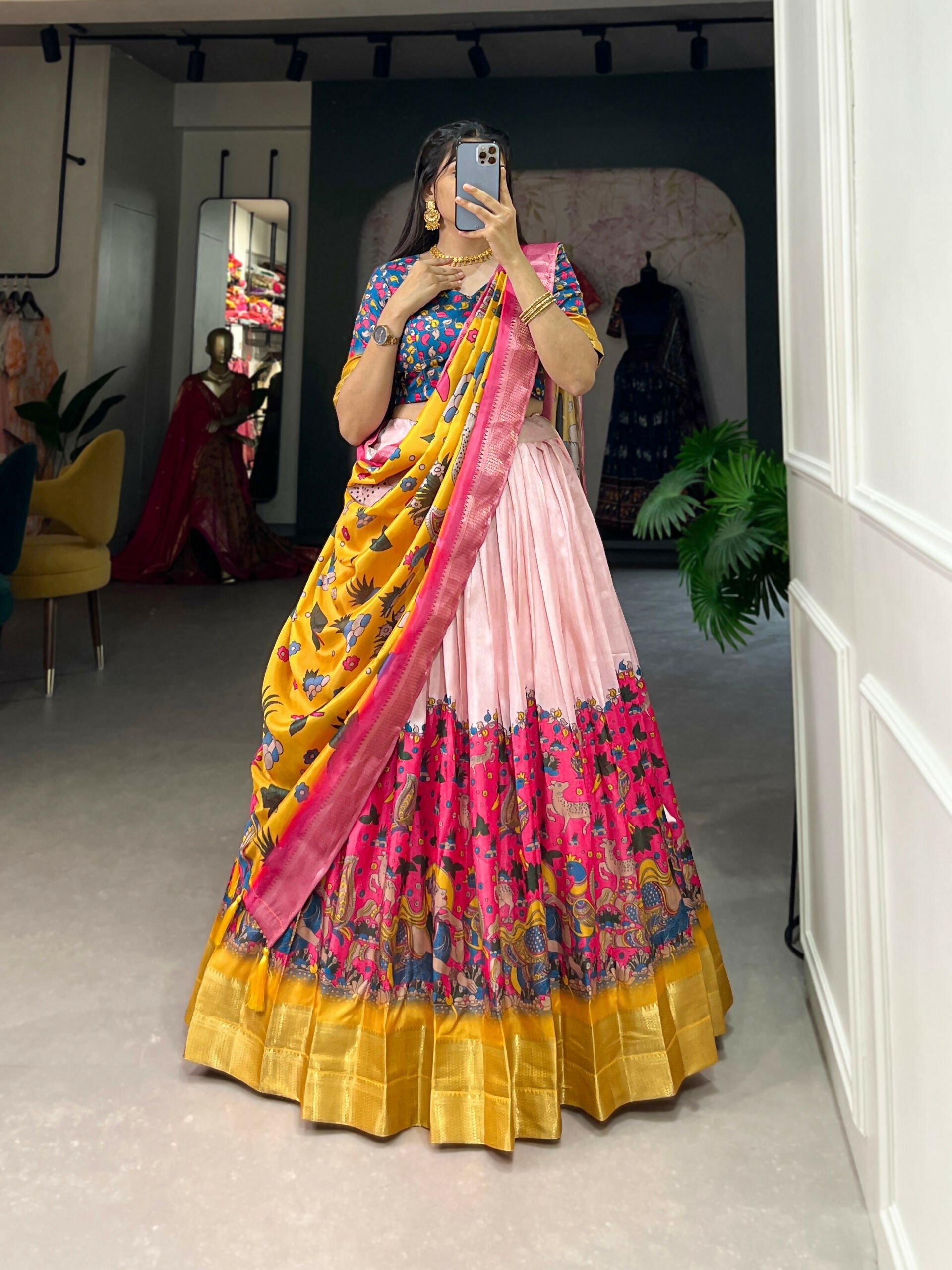Vastranavya Kalamkari Print With Weaving Border Lehenga with Unstitched Blouse - Pink