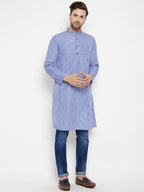 Even Apparels Blue Pure Cotton Long Men's Kurta With Band Collar - Distacart