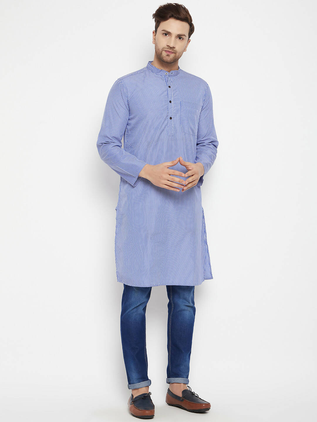 Even Apparels Blue Pure Cotton Long Men's Kurta With Band Collar - Distacart