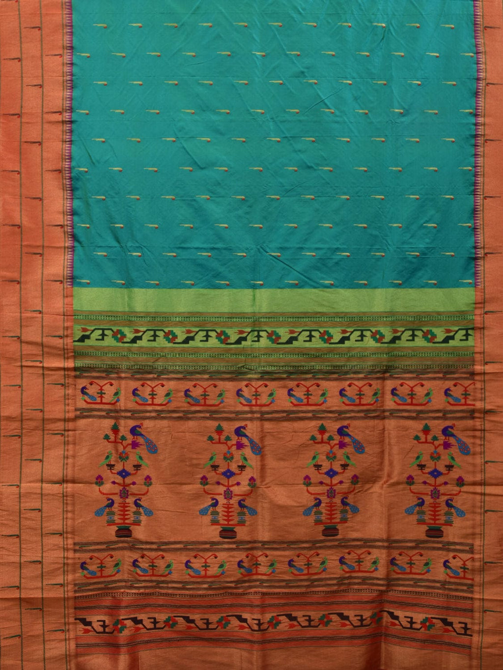 Sea Blue Paithani Silk Handloom Saree with Triple Muniya Border Design - Global Threads