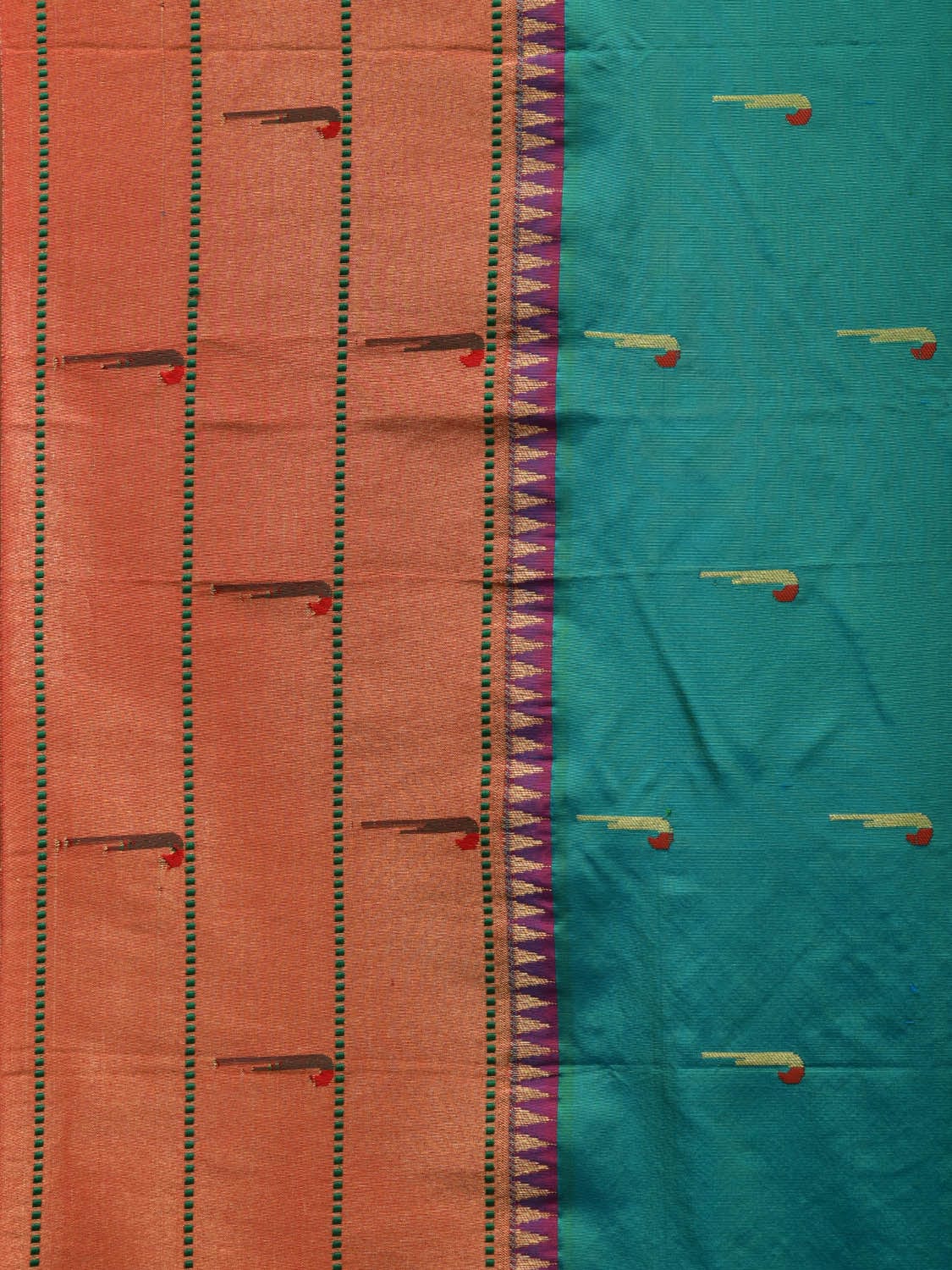 Sea Blue Paithani Silk Handloom Saree with Triple Muniya Border Design - Global Threads