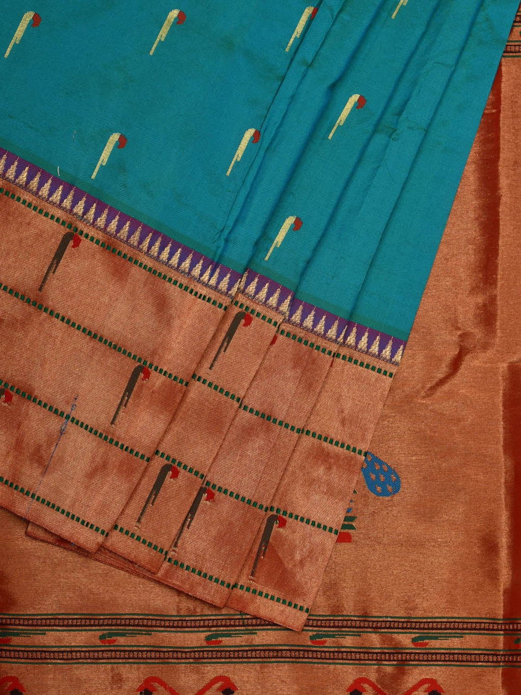 Sea Blue Paithani Silk Handloom Saree with Triple Muniya Border Design - Global Threads