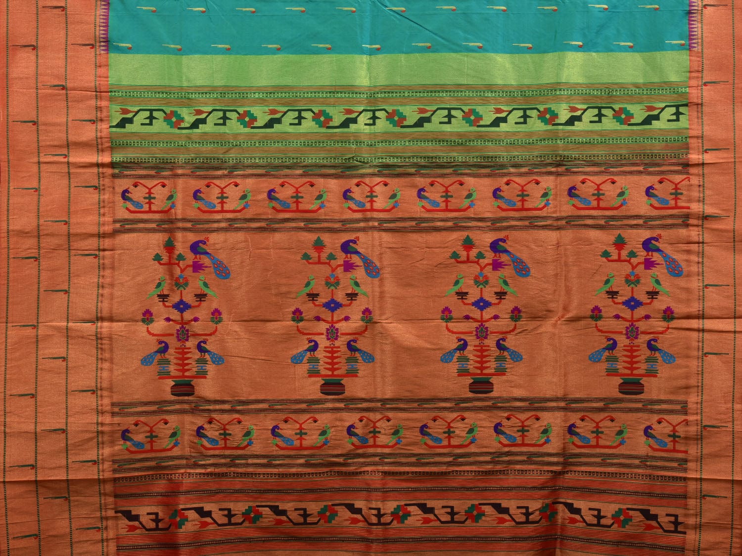 Sea Blue Paithani Silk Handloom Saree with Triple Muniya Border Design - Global Threads
