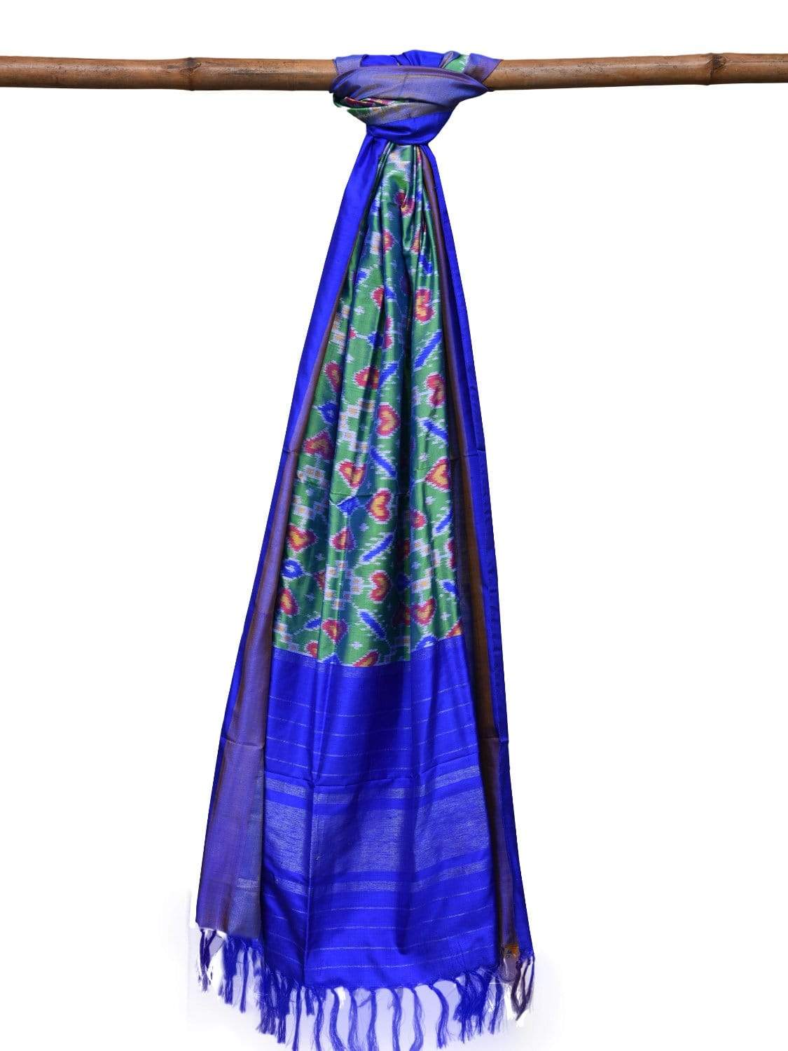 Sea Green and Blue Pochampally Ikat Silk Handloom Dupatta with All Over Design - Global Threads