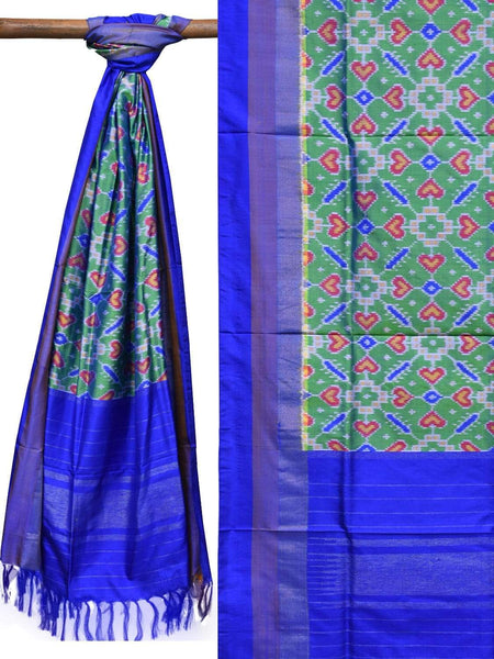 Sea Green and Blue Pochampally Ikat Silk Handloom Dupatta with All Over Design - Global Threads