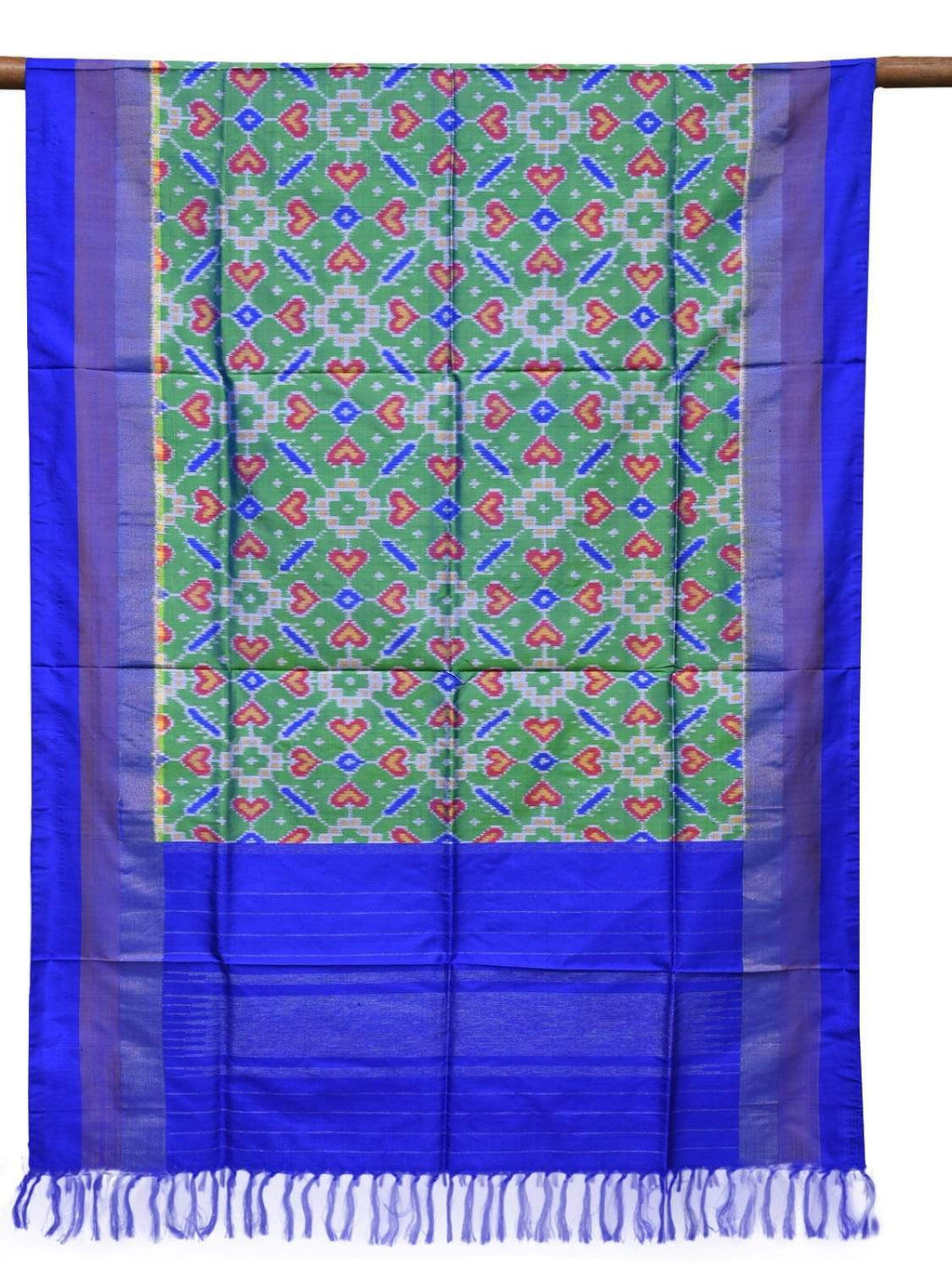 Sea Green and Blue Pochampally Ikat Silk Handloom Dupatta with All Over Design - Global Threads