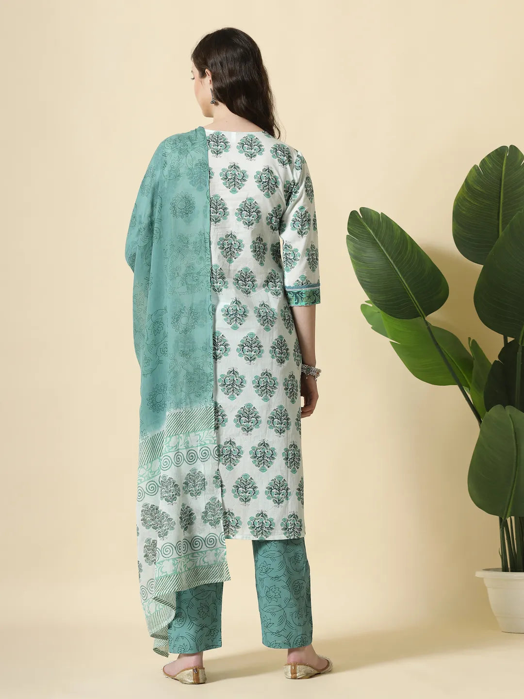 Yufta Sea Green And White Cotton Cutdana Work Kurta Set With Pant & Dupatta