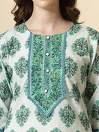 Yufta Sea Green And White Cotton Cutdana Work Kurta Set With Pant & Dupatta