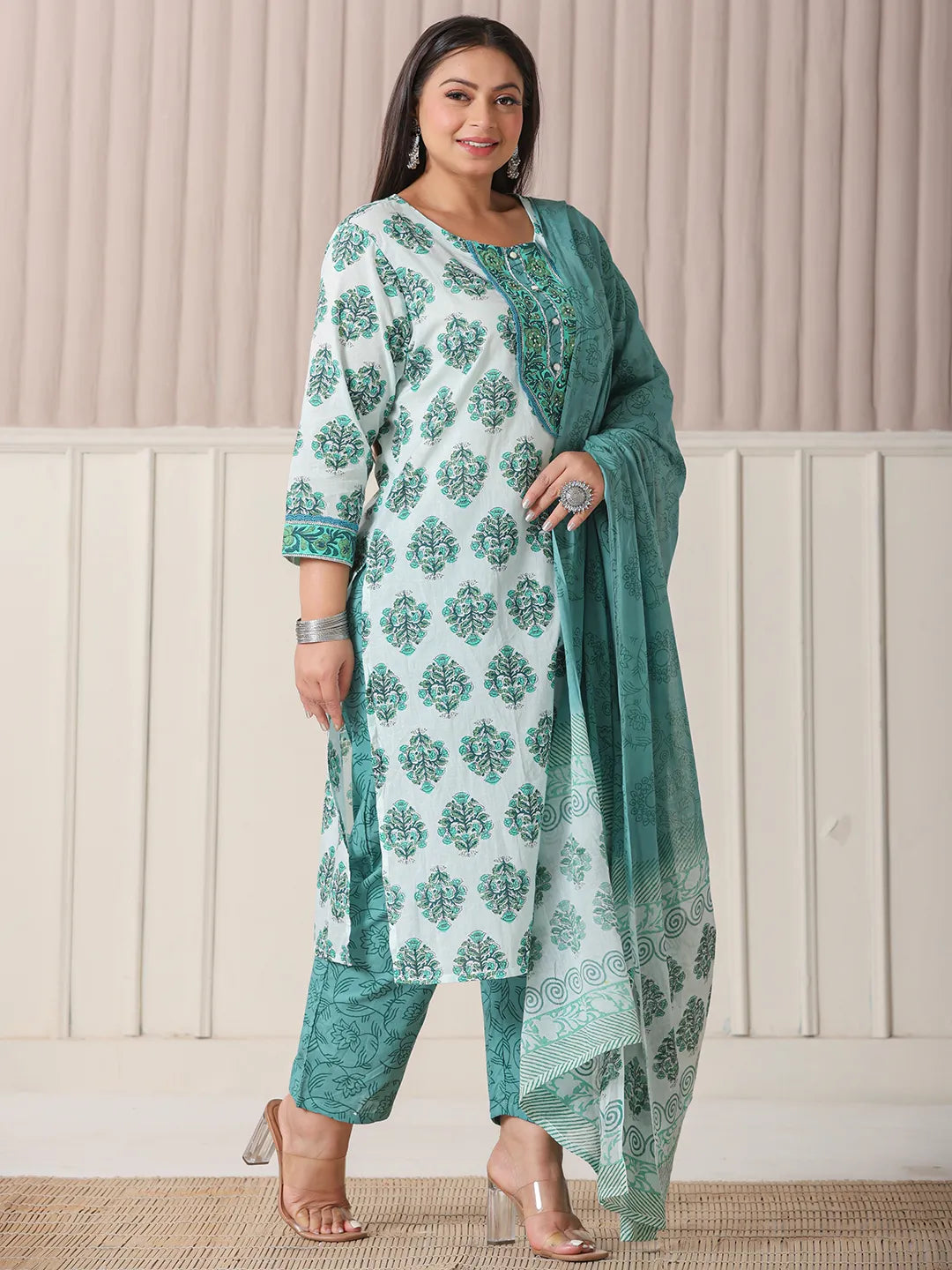 Yufta Sea Green And White Cotton Cutdana Work Plus Size Kurta Set With Pant & Dupatta