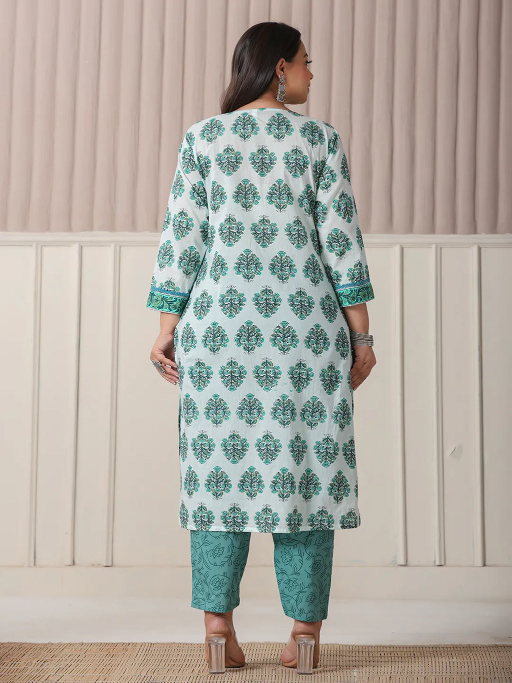 Yufta Sea Green And White Cotton Cutdana Work Plus Size Kurta Set With Pant & Dupatta