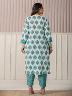 Yufta Sea Green And White Cotton Cutdana Work Plus Size Kurta Set With Pant & Dupatta
