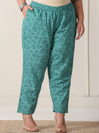 Yufta Sea Green And White Cotton Cutdana Work Plus Size Kurta Set With Pant & Dupatta