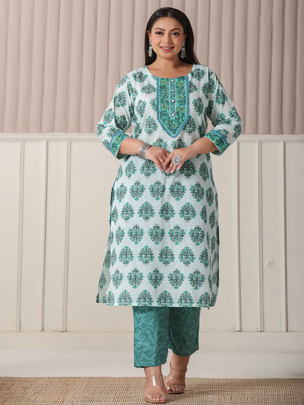 Yufta Sea Green And White Cotton Cutdana Work Plus Size Kurta Set With Pant & Dupatta