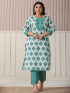 Yufta Sea Green And White Cotton Cutdana Work Plus Size Kurta Set With Pant & Dupatta