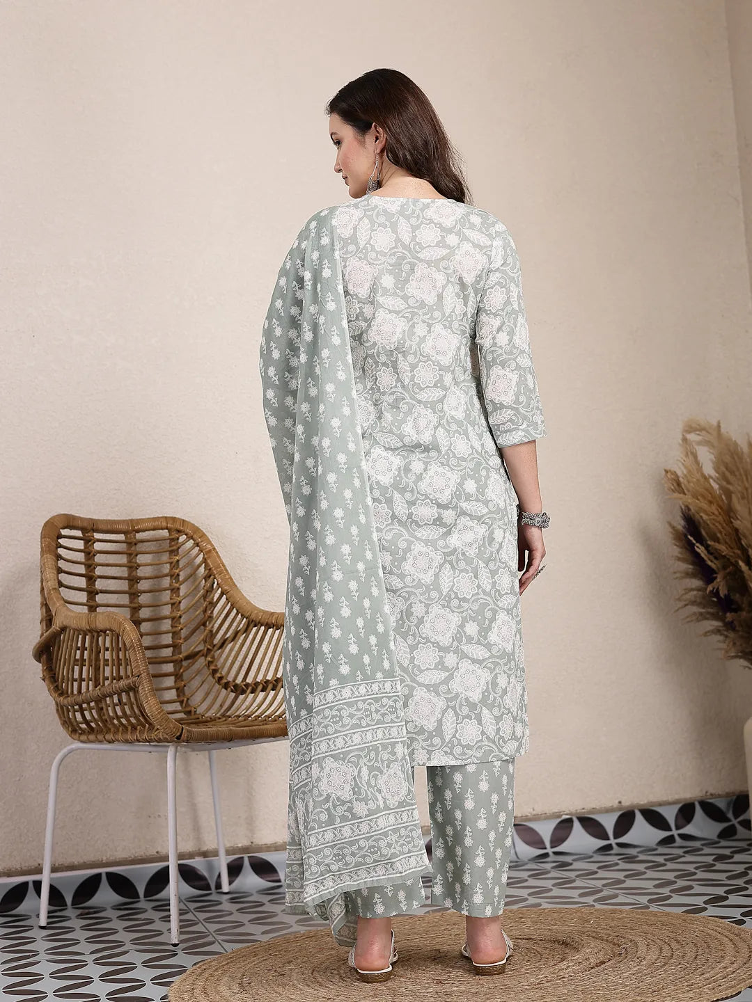Yufta Sea Green Ethnic Motifs Print Straight Kurta Trouser Dupatta Set - Distacart