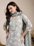 Yufta Sea Green Ethnic Motifs Print Straight Kurta Trouser Dupatta Set - Distacart