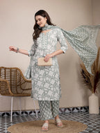 Yufta Sea Green Ethnic Motifs Print Straight Kurta Trouser Dupatta Set - Distacart