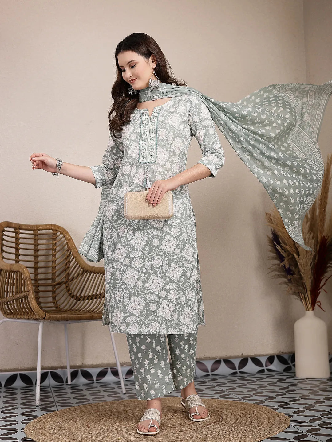 Yufta Sea Green Ethnic Motifs Print Straight Kurta Trouser Dupatta Set - Distacart