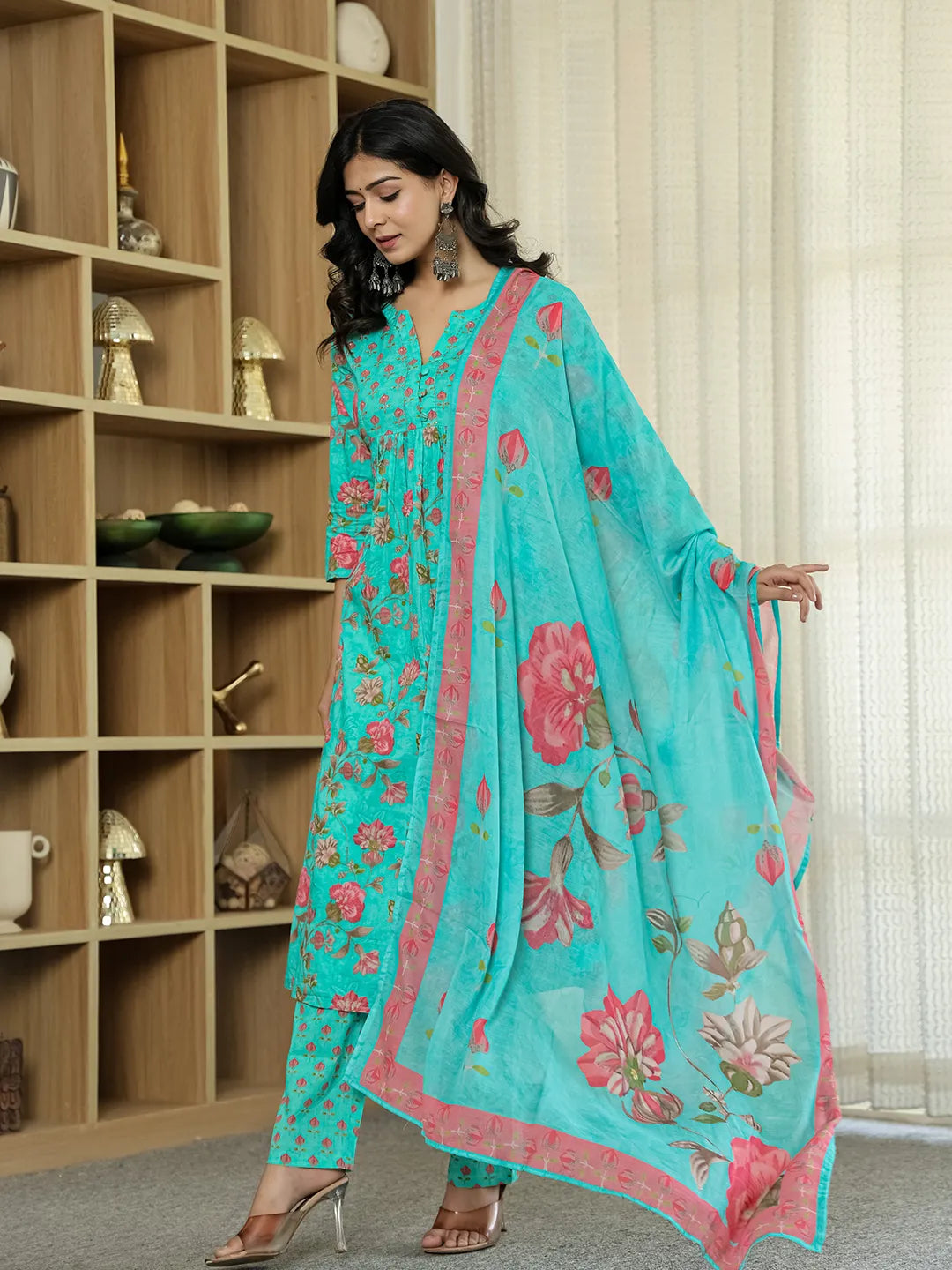 Yufta Sea Green Floral Print ALine Kurta Trouser Dupatta Set