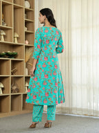 Yufta Sea Green Floral Print ALine Kurta Trouser Dupatta Set