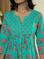 Yufta Sea Green Floral Print ALine Kurta Trouser Dupatta Set