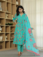 Yufta Sea Green Floral Print ALine Kurta Trouser Dupatta Set